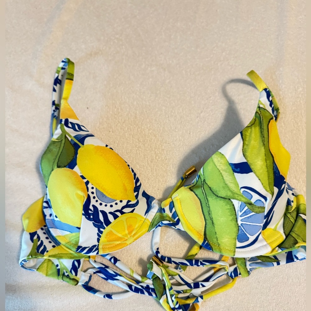 Kenny Flowers Yellow Blue Green Lemon Print Bikini Top
